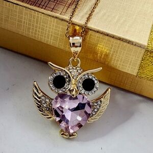 Pink Heart Owl Pendant on 20" Chain Necklace Gold Filled  New